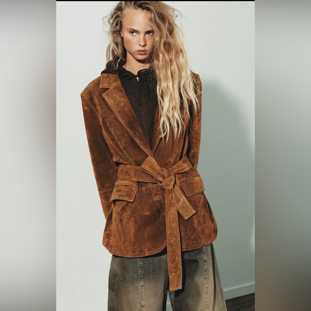 Zara Brown Suede Belted Leather Jacket - Picture 3 of 10